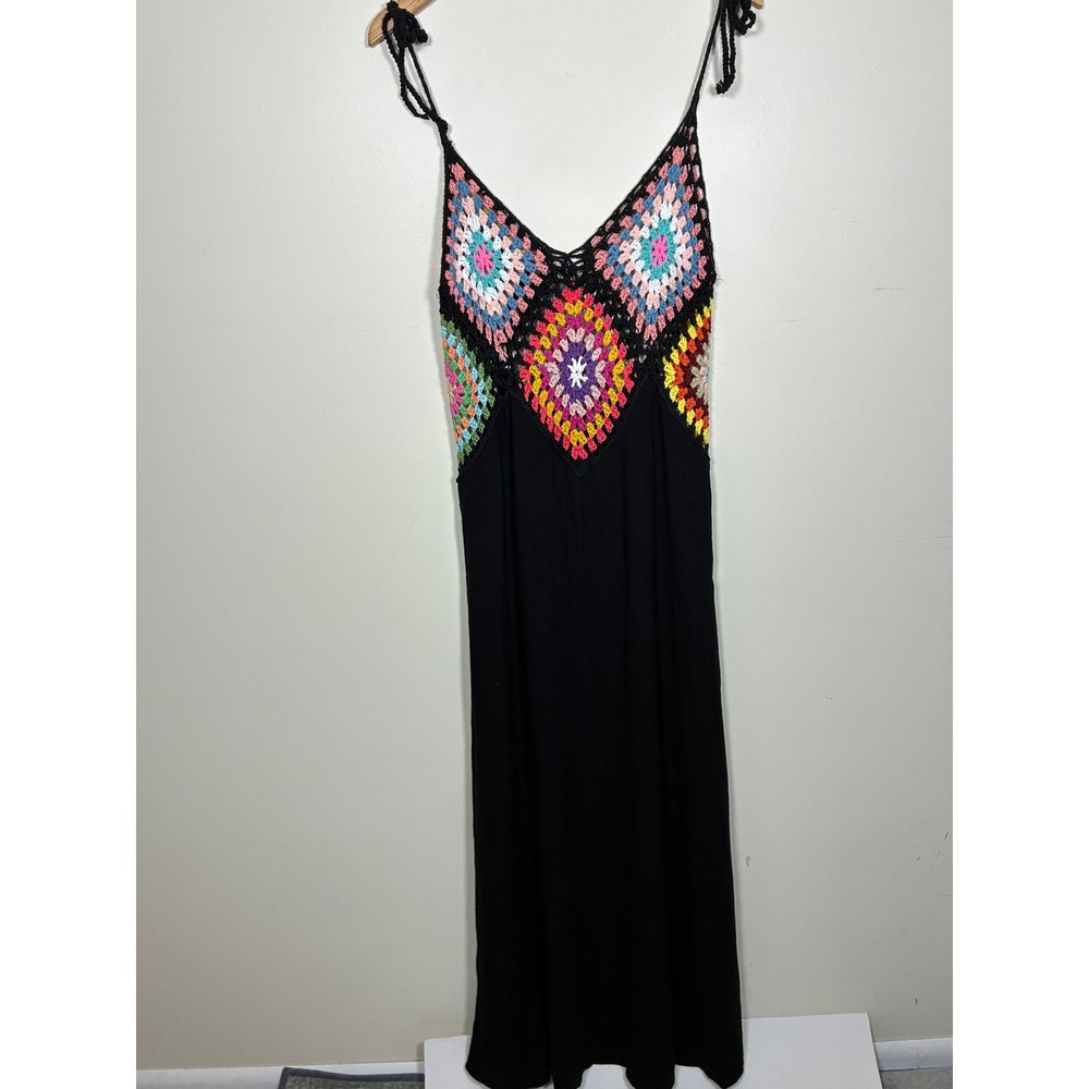 Fashion Nova Crochet Granny Square Maxi Dress Size M Linen Blend Festival Beachy
